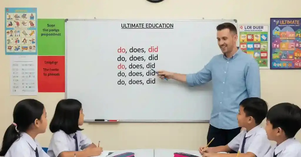 seorang guru sedang mengajar murid penggunaan do does did