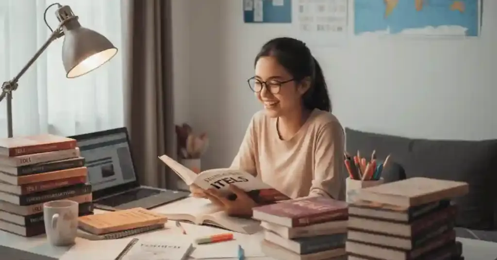 seorang siswi sedang mempelajari materi teofl